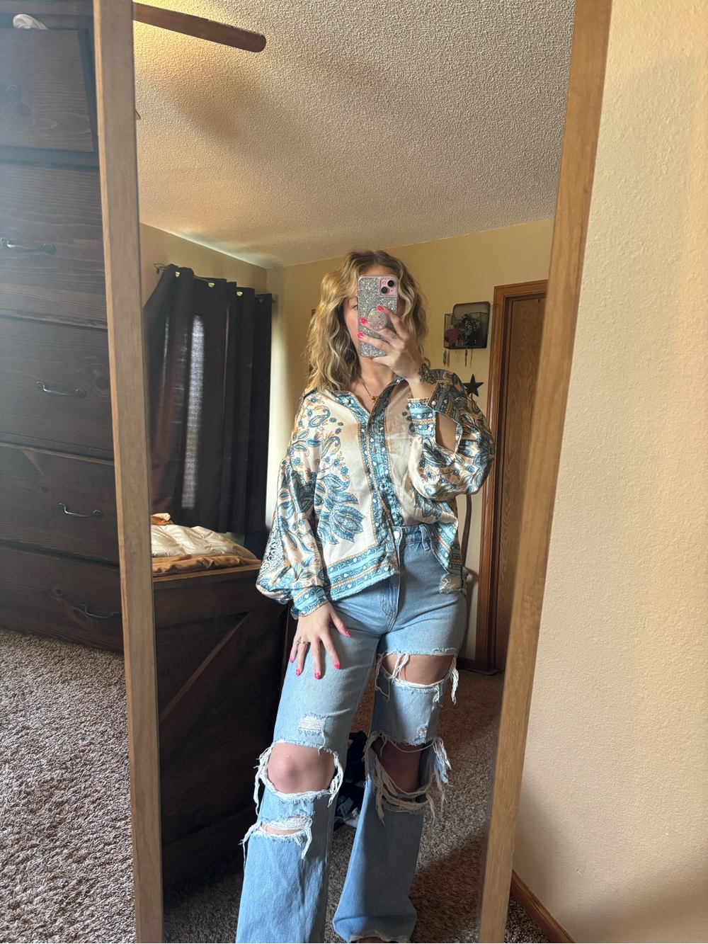 Impressions Cream and Blue Paisley Button-Up Blouse